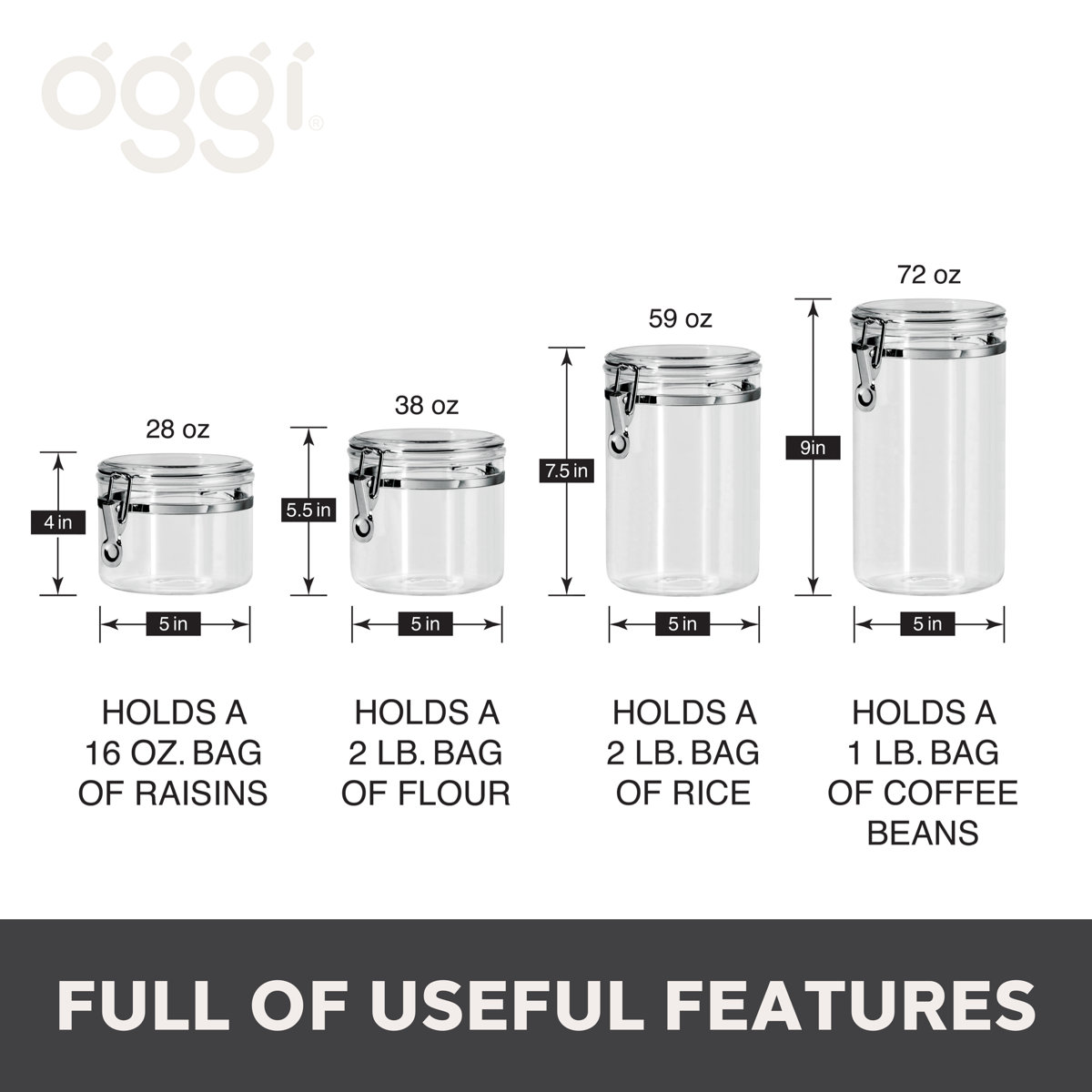 OGGI 4pc Clear Canister Set with Clamp Lids Airtight Containers in Sizes Ideal for Kitchen & Pantry Storage of Bulk, Dry Foods Including Flour, Sugar, Coffee, Rice, Tea, Spices & Herbs (Set of 4)